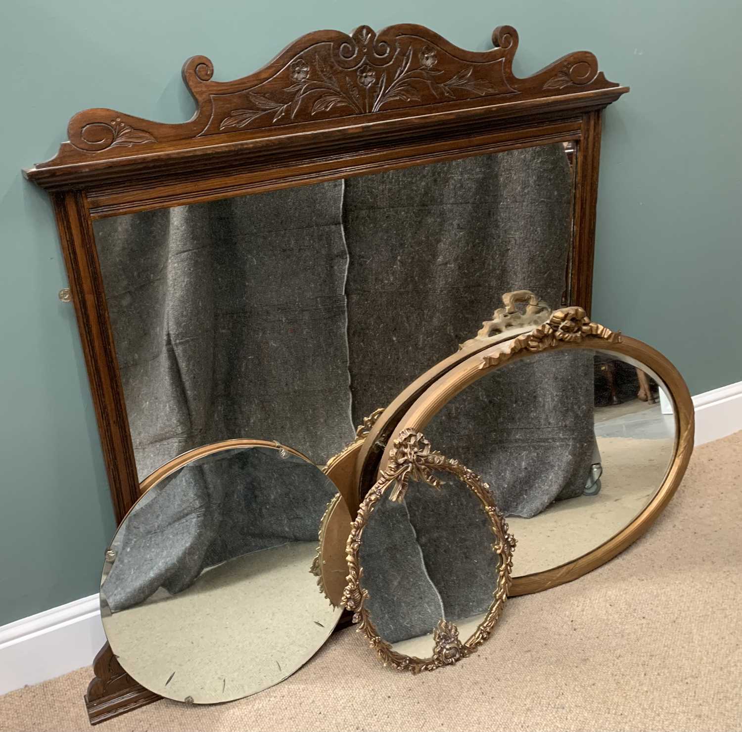 MIRROR ASSORTMENT - antique mahogany overmantel type mirror with carved top, 117cms H, 112cms W, 6.