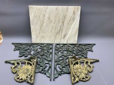 FLORAL CAST IRON BRACKET SUPPORTS (5), a pair of brass supports and a rectangular section of marble,