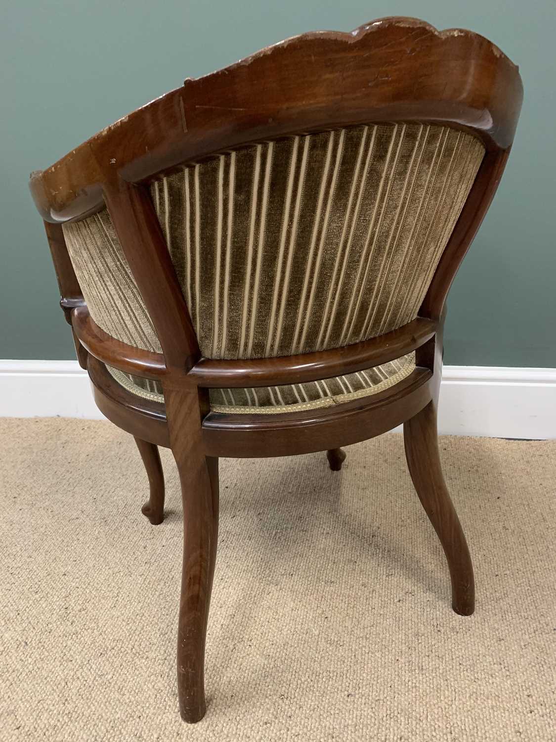 ANTIQUE MAHOGANY CIRCULAR SEAT TUB CHAIR, a fine example with carved back, striped upholstery, on - Image 2 of 2