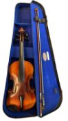 MUSICAL INSTRUMENTS - vintage violin and bow in a hard case labelled Rushworth & Dreaper, 55cms