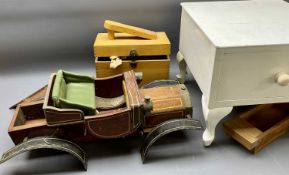 PART BUILT MODEL OF A VINTAGE VEHICLE, single drawer white painted low cabinet and a shoe cleaning