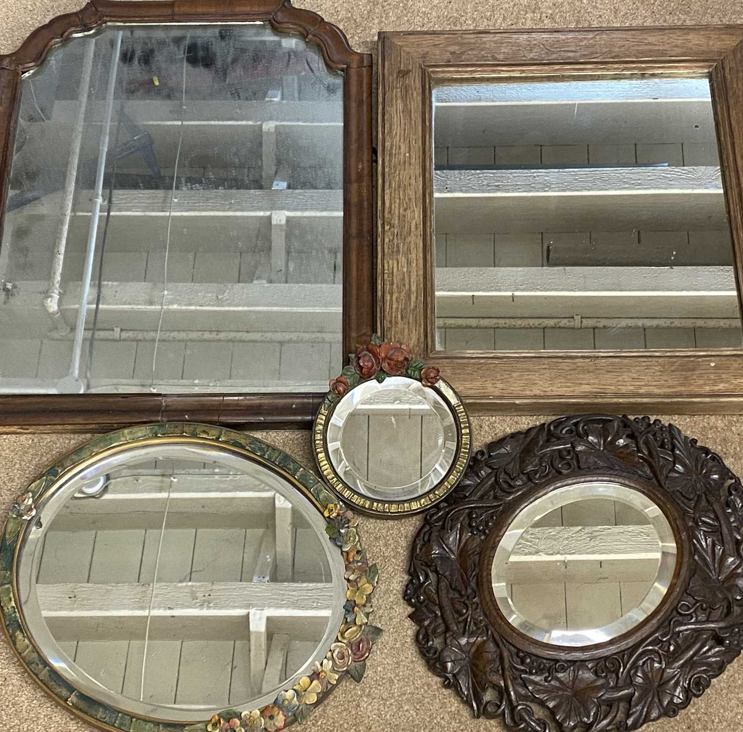 VINTAGE MIRRORS GROUP (5) - including two Barbola decorated easel stand mirrors, 14.5cms diameter