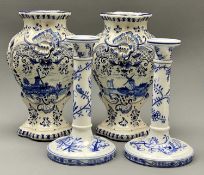 VILLEROY & BOCH DRESDEN CANDLESTICKS, A PAIR and a pair of Dutch Delft vases, 20.5 and 24cm