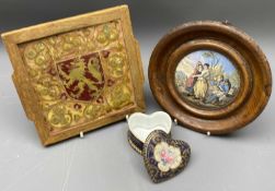 BELIEVED PILKINGTON'S ROYAL LANCASTRIAN LUSTRE TILE and two further pottery/porcelain items, the