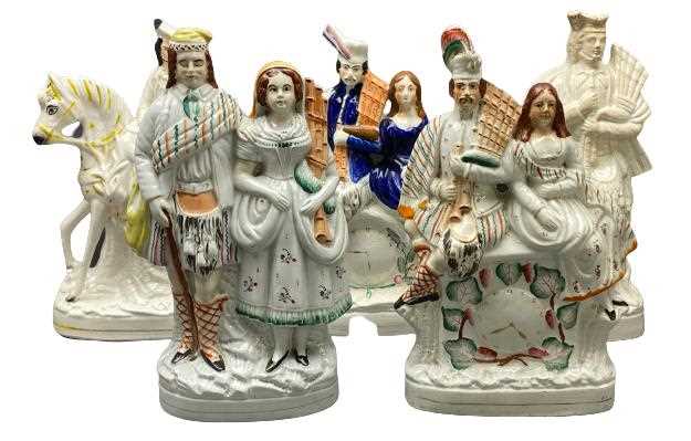 STAFFORDSHIRE FLATBACKS (5) - an assortment of mainly Scottish figures, 36cms the tallest