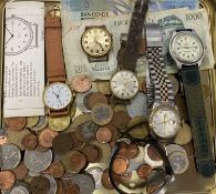 BRITISH & CONTINENTAL COINAGE & BANK NOTES, with a selection of lady's and gent's wristwatches,