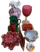 ANTIQUE & LATER COLOURFUL GLASSWARE - a large Cranberry glass goblet with wheel cut floral