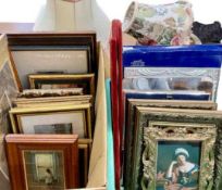 PORTRAIT FRAMES, PICTURE FRAMES, FRAMED PRINTS and a quantity of fabric lampshades