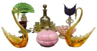 ANTIQUE GLASSWARE - a decorative parcel including Amber swans, decanter, taster tray and glasses,