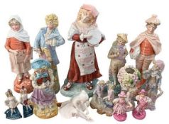 VICTORIAN BISQUE PORCELAIN ENGLISH & CONTINENTAL FIGURINES GROUP, 32cms H the tallest