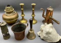 VINTAGE COPPER & BRASSWARE ETC - to include a small miner's lamp, copper and brass chocolate pot,