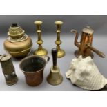 VINTAGE COPPER & BRASSWARE ETC - to include a small miner's lamp, copper and brass chocolate pot,