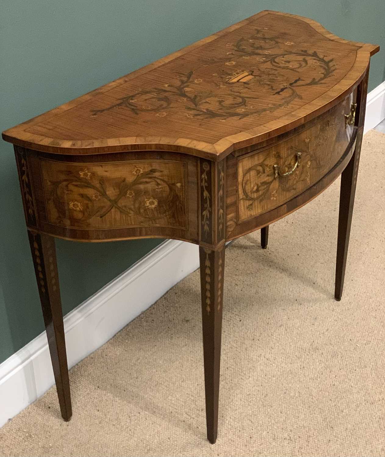 FRENCH SATINWOOD URN & FLORAL INLAID SIDE TABLE having a shaped top and single central drawer on - Image 4 of 5