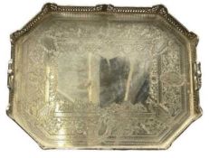 EPNS TRAY - octagonal in shape, galleried with twin-handles, 7cms H x 51 x 40cms