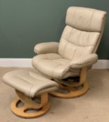 STRESSLESS TYPE SWIVEL & RECLINE EASY CHAIR, beige colour leather effect upholstery, 108cms H, 84cms