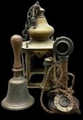 VINTAGE BRASS CEILING LANTERN LAMP, school type bell and a candlestick telephone, 43cms, 31cms and