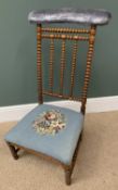 PRE-DIEU CHAIR, a walnut bobbin backed chair with padded top rail and tapestry seat, 94cms H,