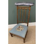 PRE-DIEU CHAIR, a walnut bobbin backed chair with padded top rail and tapestry seat, 94cms H,