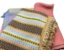 WAFFLE BLANKETS (3) - one coloured pink, 149 x 151cms, one multicoloured, 212 x 223cms and another