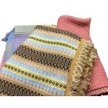 WAFFLE BLANKETS (3) - one coloured pink, 149 x 151cms, one multicoloured, 212 x 223cms and another