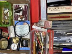 PARKER & OTHER PENS, drawing instruments, magnifiers, badges, buttons and other mixed collectables