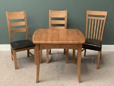 MODERN LIGHT WOOD EXTENDING DINING TABLE76cms H, 130cms W, 80cms D (open) and a pair of vinyl seated