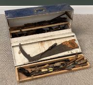 VINTAGE CARPENTER'S TOOLBOX with similar era quantity of tools, 46cms H, 87cms W, 26cms D