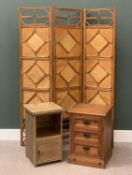 FOLDING DRESSING SCREEN, three section bamboo, 183 x 138cms, a loom bedside cabinet and a narrow