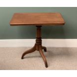 VICTORIAN MAHOGANY TILT TOP TABLE having a rectangular shaped top on a tripod support, 75cms H,