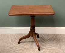 VICTORIAN MAHOGANY TILT TOP TABLE having a rectangular shaped top on a tripod support, 75cms H,