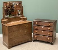 ANTIQUE BEDROOM FURNITURE to include pine chest of four drawers with turned knobs, on bun feet,