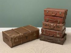 VINTAGE LUGGAGE to include wooden banded trunk, 32cms H, 91cms W, 54cms D and an assortment of old