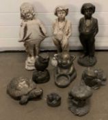 GARDEN ORNAMENTS - mainly composition, three figurines and a quantity of animal examples, 58cms H