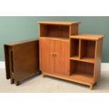 MID-CENTURY TYPE TEAK STORAGE UNIT with base cupboard doors and multi shelves, 109cms H, 112cms W,