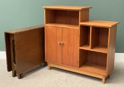 MID-CENTURY TYPE TEAK STORAGE UNIT with base cupboard doors and multi shelves, 109cms H, 112cms W,