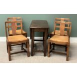 MID-CENTURY TYPE OAK DINING CHAIRS, set of four with rexine seats on block supports with a gate