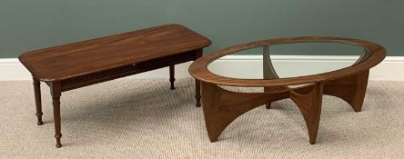 G-PLAN MID-CENTURY TYPE TEAK OVAL COFFEE TABLE having a glass top surface, 42cms H, 123cms W,