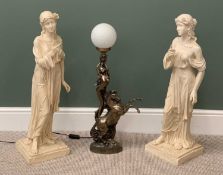ART DECO TYPE TABLE ORNAMENTS to include a pair of composition figures of ladies, 87cms H and a