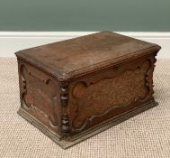 VINTAGE MAHOGANY BLANKET BOX with carved shaped ends and sides and lift top, 28cms H, 52cms W, 34cms