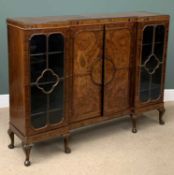 QUEEN ANNE TYPE FIGURED WALNUT BOOKCASE having an inverted breakfront with two door central