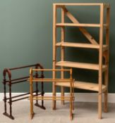 MODERN STURDY PINE SHELVING RACK, 173cms H, 81cms W, 36cms D and two towel airers