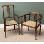 ANTIQUE MAHOGANY ELEGANT CHAIR DUO, both with similar inlaid and fretwork detail, on turned