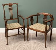 ANTIQUE MAHOGANY ELEGANT CHAIR DUO, both with similar inlaid and fretwork detail, on turned