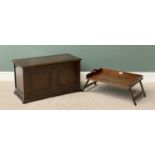 POLISHED OAK BLANKET BOX having a two panelled carved front and lift-up lid, 61cms H, 91cms W, 43cms