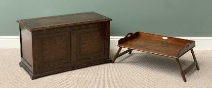 POLISHED OAK BLANKET BOX having a two panelled carved front and lift-up lid, 61cms H, 91cms W, 43cms