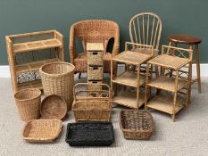 FURNITURE ASSORTMENT to include rattan wicker baskets, shelves, chairs ETC