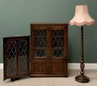 FURNITURE ASSORTMENT (3) - oak linenfold bookcase cupboard with twin leaded glass doors, 137cms H,