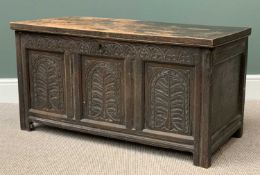 ANTIQUE OAK COFFER having a carved three panel front, 59cms H, 112cms W, 51cms d