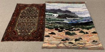 WALL HANGING TAPESTRY, 165 x 130cms and an Eastern rug, red ground with multi-border, 97 x 138cms