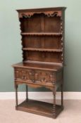 CIRCA 1900 OAK DRESSER, narrow example having a two shelf rack with shaped sides and apron, the base